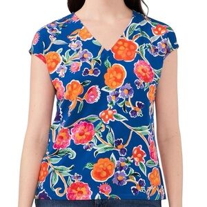 Vince Camuto Floral V-Neck Cap Sleeve Knit Top Size M Stretchy Colorful Tropical